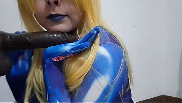 Cute Trans Samus with BDSM Nosehook giving a Sloppy Blowjob to BBC Dildo, Deepthroat, Facial Fuck and Eating Semen