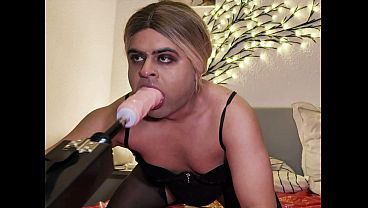 Messy Sissy Puppy Training: Fuck Machine Deepthroat, Spit Drinking & Solo Anal